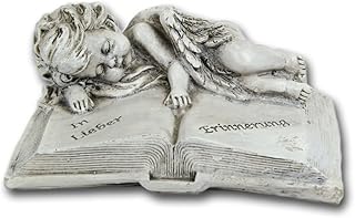 Bambelaa! Grabschmuck Deko Trauerartikel Grab-Engel auf Buch Grau Steinharz Friedhof Ca. 14 x 11 x 6 cm Wetterfest