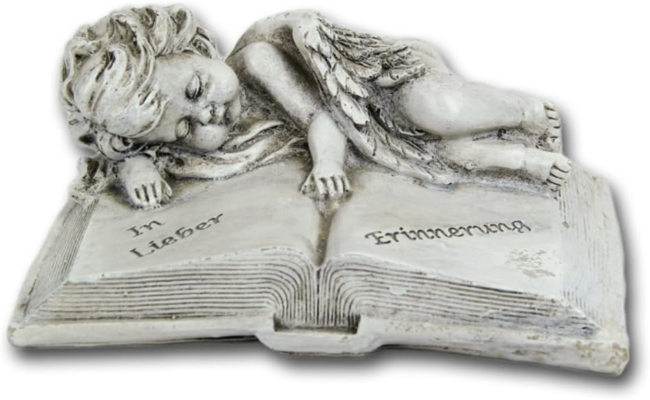Bambelaa! Grabschmuck Deko Trauerartikel Grab-Engel auf Buch Grau Steinharz Friedhof Ca. 14 x 11 x 6 cm Wetterfest