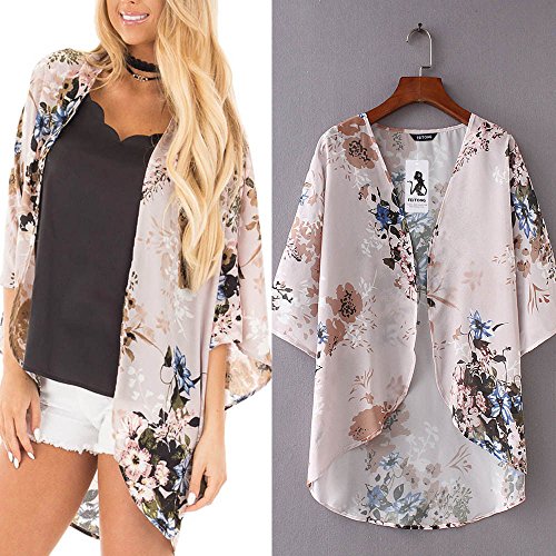 YANG-YI Hot Summer Women Chiffon Floral Kimono Loose Half Sleeve Shawl Chiffon Casual Cardigan (Beige, XXL)