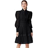 LAI MENG FIVE CATS Women's Puff Sleeves High Collar Hollow Mesh Pleat Layered Hem Solid Color Mini Dress