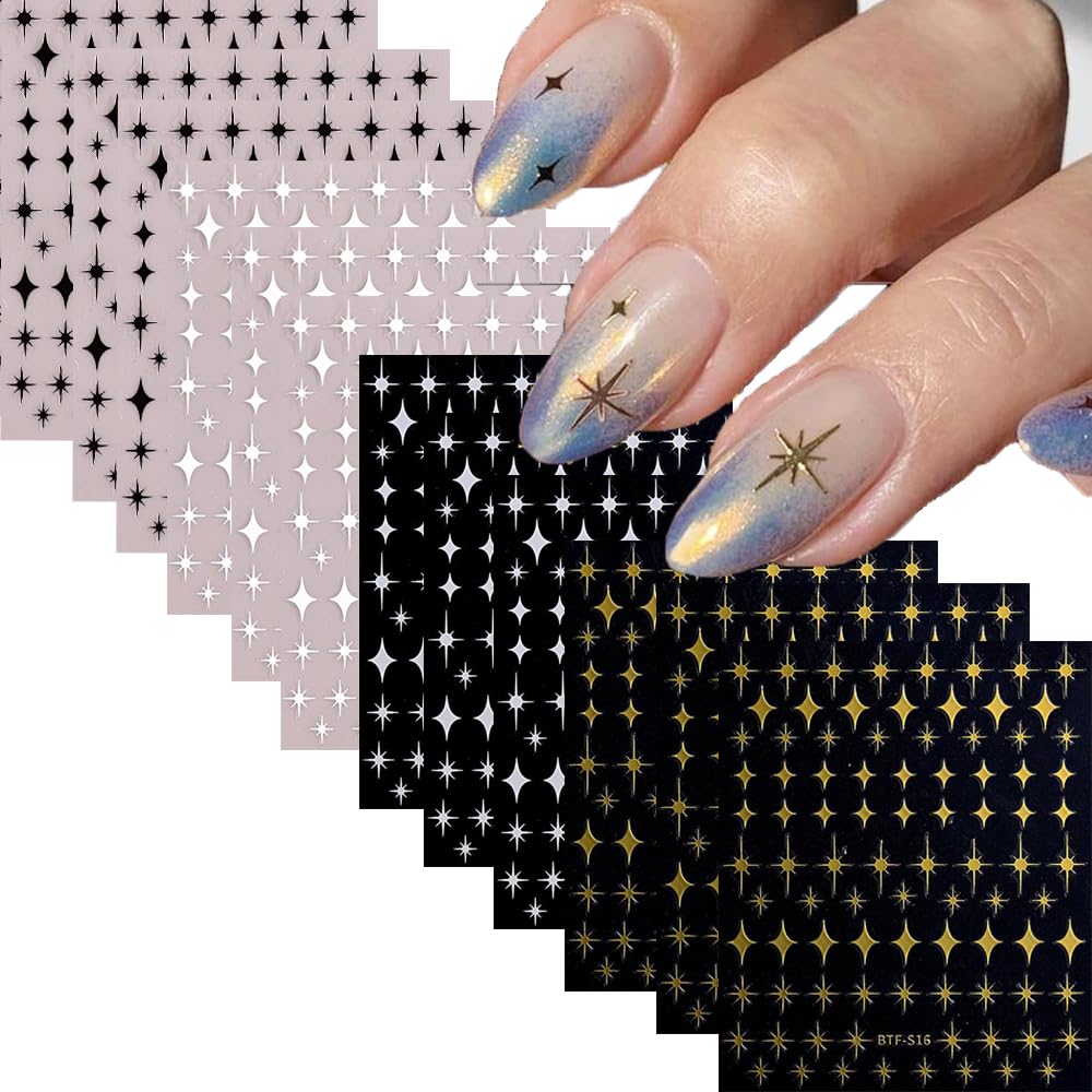 Photo 1 of 12 Sheets Gold Star Nail Art Stickers Decals 3D Self Adhesive Gold White Black Star Design Nail Art Decal Supplies Accessories for Women Acrylic Manicure DIY Decoration