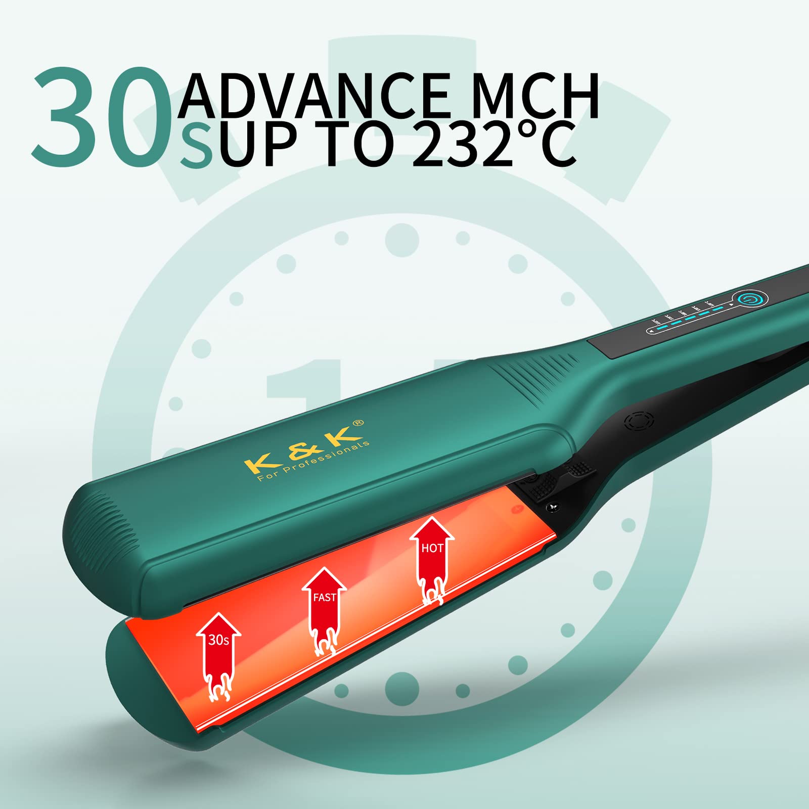 K&K Hair Straightener, 2.24 Inch Wide Ceramic-Titanium Plates, 5 Temperature Settings 120-232°C, Professional Flat Iron (Green) UK Plug