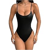 Milumia Women's PU Leather Spaghetti Strap Bodysuit Scoop Neck Backless Cami Tops