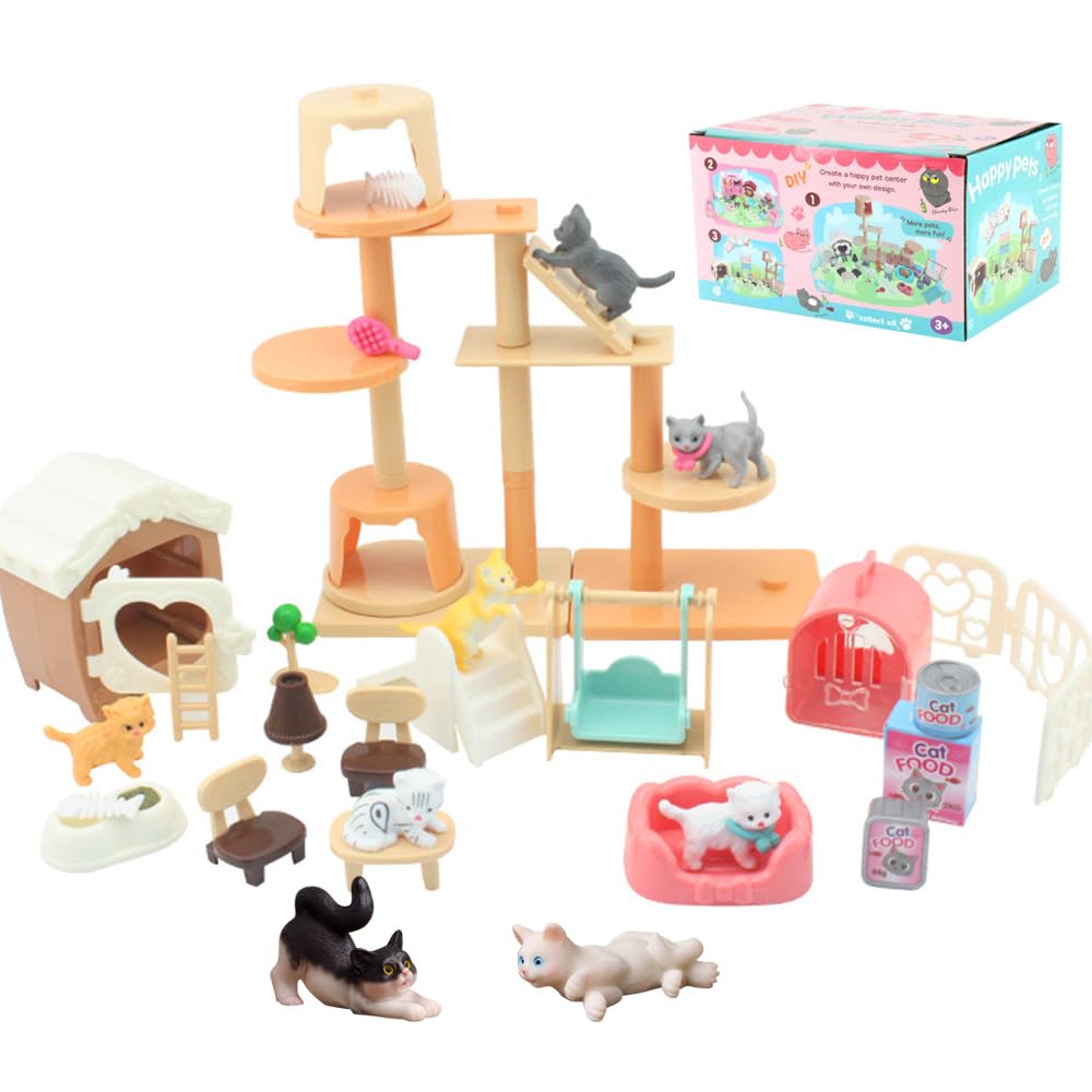 Lotvic Cat Pretend Play Toys, Cat Figures Playset, Cat House Furniture Toy, Real Pet Care Center, Cat Care Role Play Toys, Cat Toy for Doll Accessories, Educational Cat Toys for Kids (Cat)