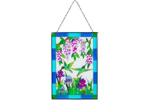 Viveta Hummingbird Stained Glass Window Hanging, Stained Glass Suncatchers for Window, Hand-Painted Glass Panels with Chain, Gift for Mom Grandma Christmas Decor 10 * 15"