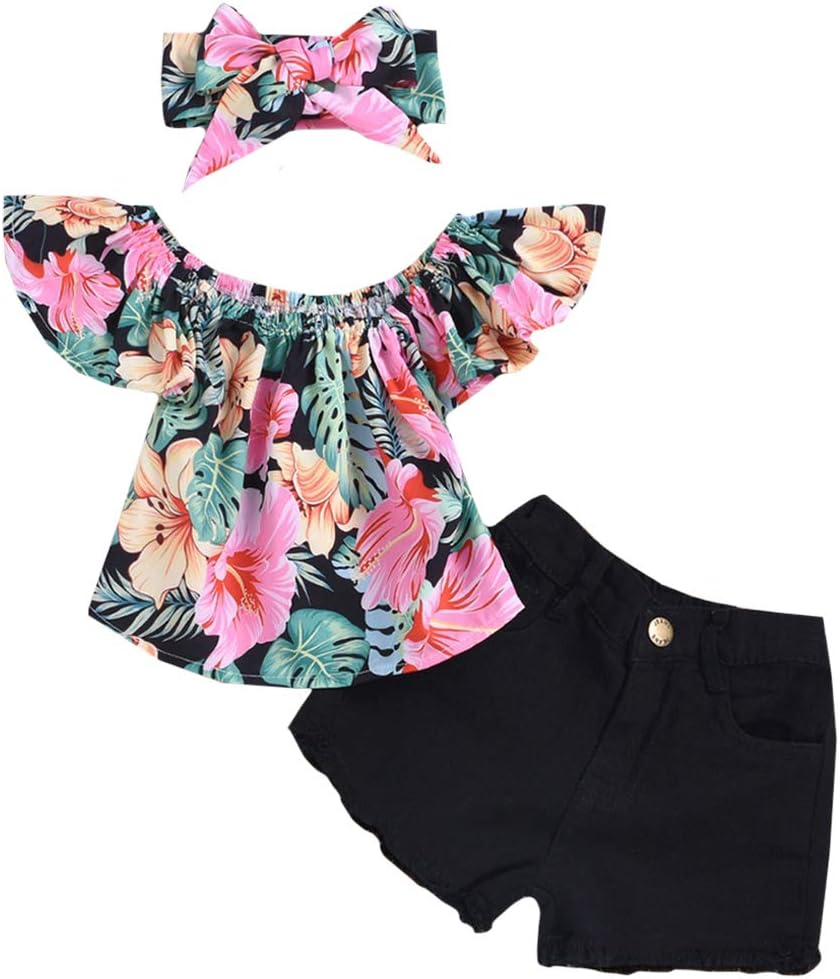 3Pcs Toddler Baby Girl Clothes Floral Ruffle Off Shoulder Tops and Jeans/Denim Pant with Headband Outfits