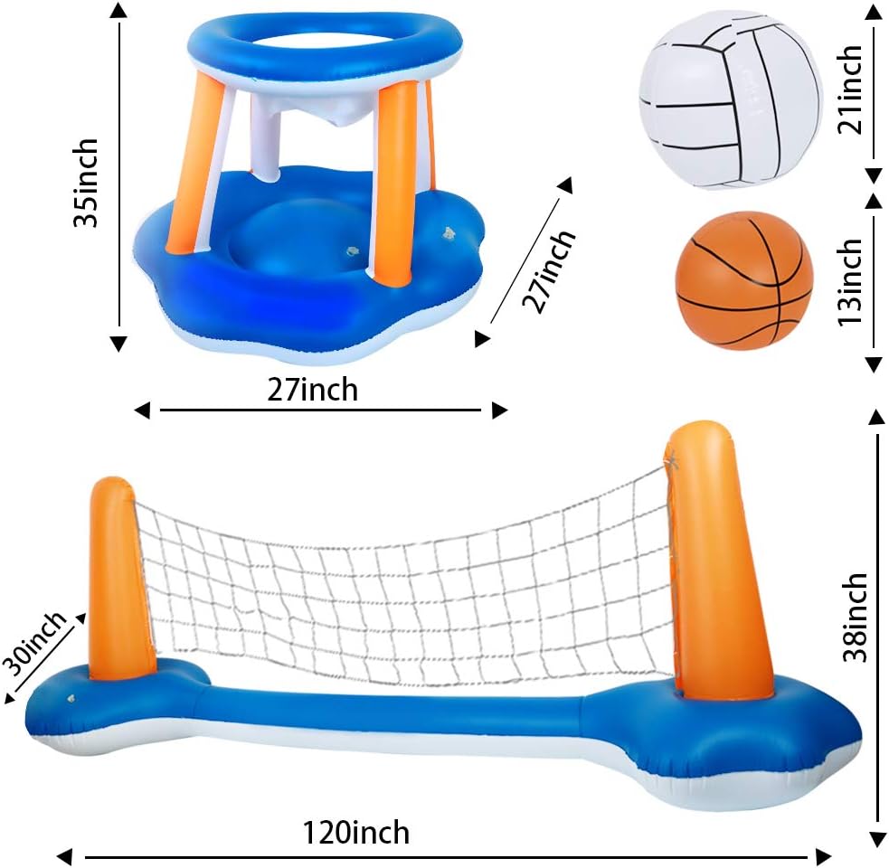 Inflatable Pool Float Set Volleyball Net and Basketball Hoops, Floating Pool Swimming Game Toys, Water Sports Inflatable Pool Volleyball Set for Adults - Volleyball Net & Basketball Hoops: Toys & Games