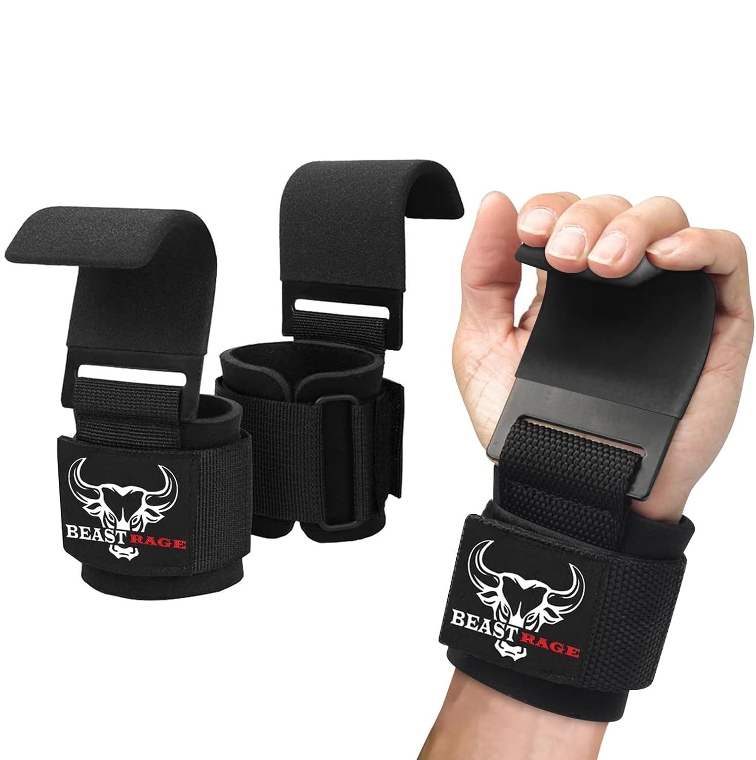BEAST RAGE Weight Lifting Hooks Non-Slip Rubber Coated Grip Wrist Hooks Lifting Straps Wrist Support Padded Neoprene Gym Wrist Straps Powerlifting Barbell Rows Deadlifts Gym Straps