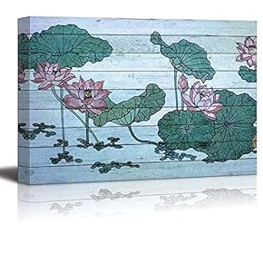 Illustration of Water Lilies on a Pond Over Blue Wood Panels - Canvas Art Home Art - 12x18 inches