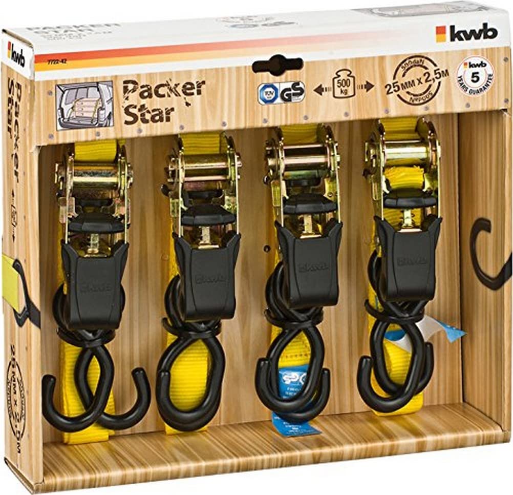 kwb 2X Lashing Straps 2.5 M X 25 Mm, Made Of Hard-Wearing Polyester Strap, With Comfort Release and Test Plate, Plastic Coated Tension Ratchet, With 2 Hooks, Tüv / Gs Tested
