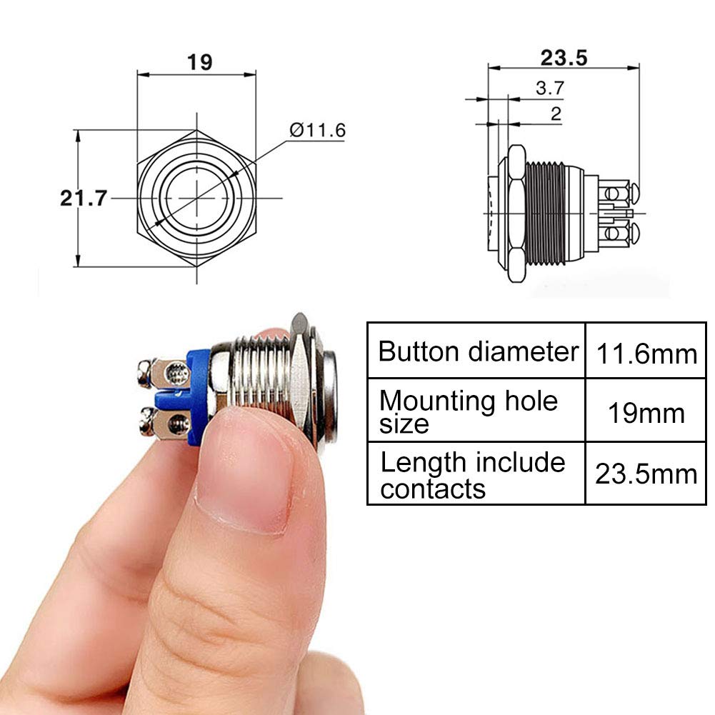 FICBOX 5Pcs Metal Push Button Switch Waterproof Momentary Screw Terminals for 19mm 3/4\