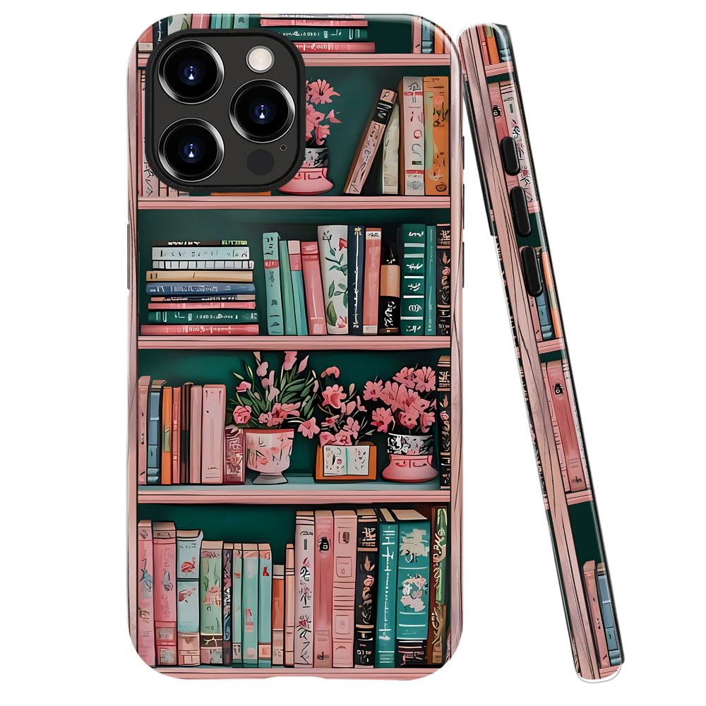 Case for iPhone 15 Pro Max - Slim Fit Anti-Scratch Phone Case for Girl Women - Pink Bookshelf Floral Aesthetic (Glossy)