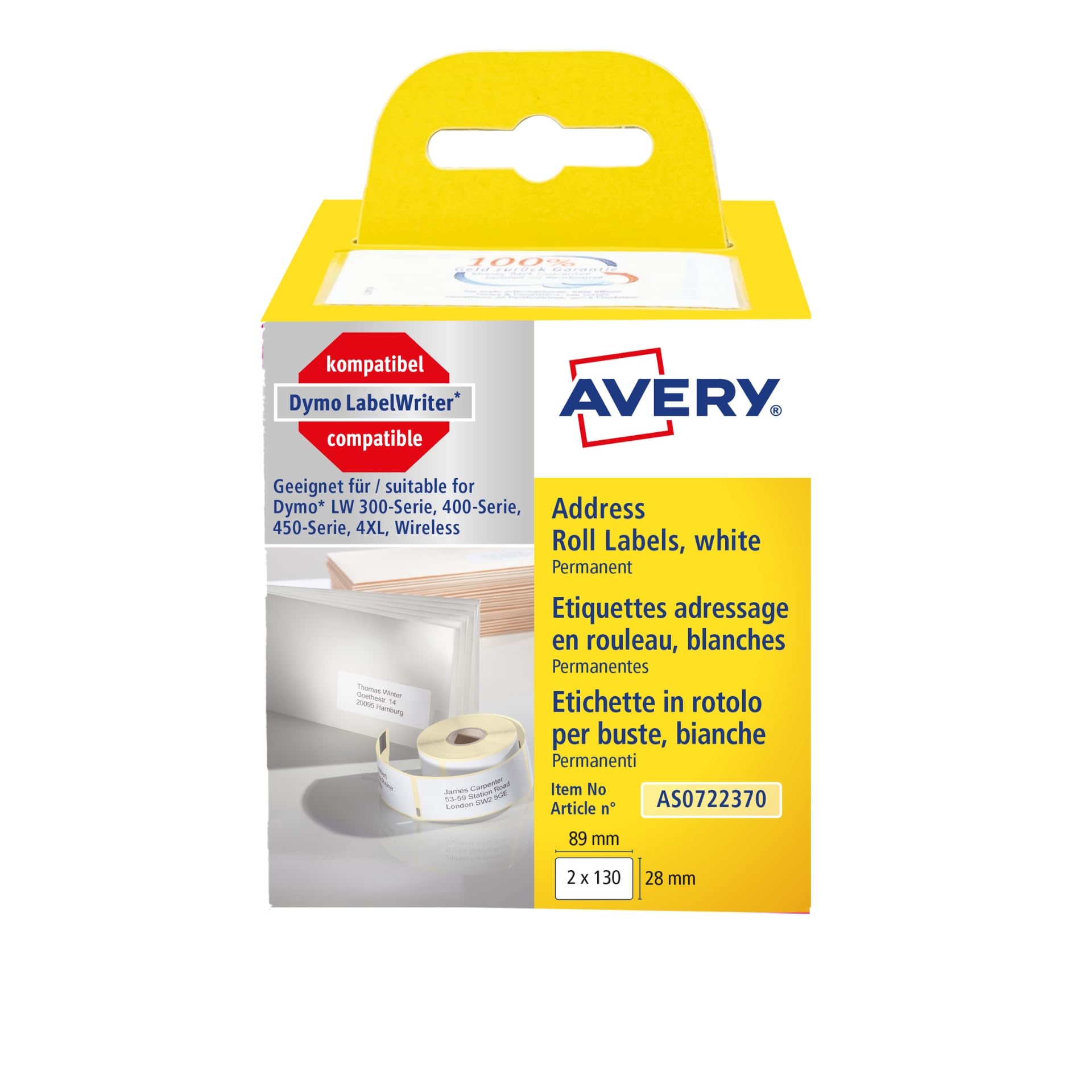Avery Zweckform Dymo LabelWriter Compatible with 0722370 White 260 Items 89 x 28 mm White AS0722370