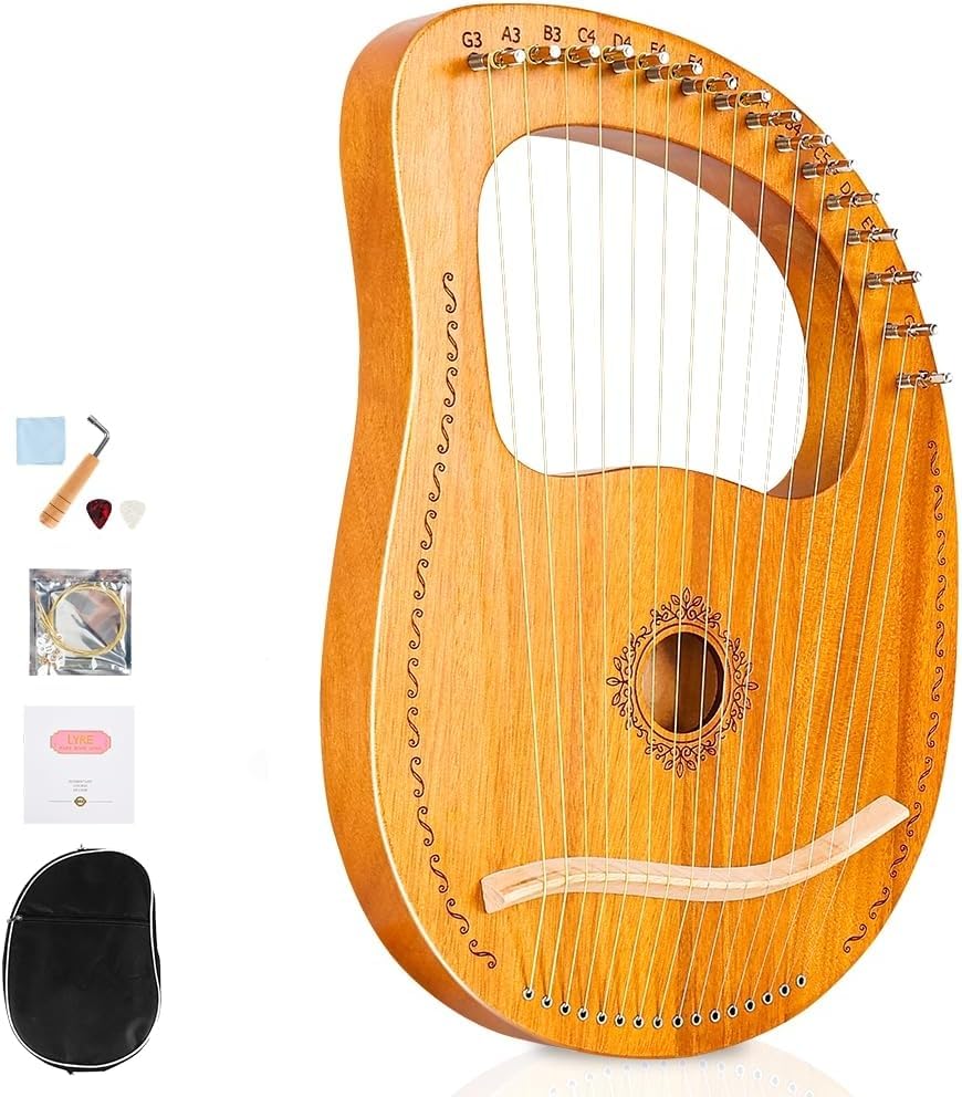 Harpa de Lira 16 Cordas com Chave de Afinação de Bolsa, Harpa de Lira de Madeira de Mogno, Mini Instrumento de Harpa