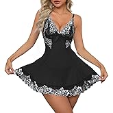 Crexomi Women Sexy Lingerie Babydoll Mini Dress Floral Lace Sheer Chemise Sleepwear Mesh Lingerie Set with G-String