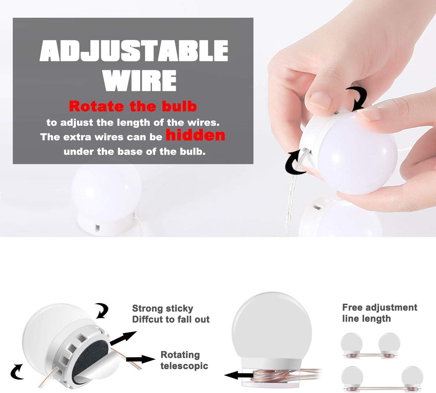 Pretmess Hollywood Style Vanity Mirror Lights Kit, Adjustable Color and Brightness with 10 LED Light Bulbs, Lighting Fixture Strip for Makeup Vanity Table Set in Dressing Room (Mirror Not Include) - - 