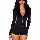 Xoehigc Womens Jumpsuit Sexy Faux Fur Rompers Deep V Neck Buckle Long Sleeve Shorts Rompers Bodycon Club Outfits Going Out