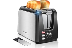 AIGOSTAR Toaster 2 Slice Waffle Maker Wide Slots Best Rated Prime Toasters, Waffle Irons Compact Stainless Steel Bread Toaster Reheat/Defrost/Cancel Functions, 7-Shade Control & Removable Crumb Tray, Black