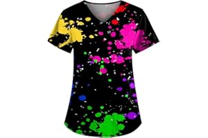 ODEUIAOD Womens Scrub Tops Fashion Printed Work Uniform T-Shirt V Neck Short Sleeve Nurse Scrub Tunic Blouse with Pockets