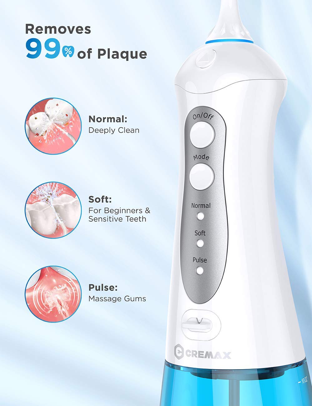 Water Flosser Cordless, CREMAX Portable Water Pick Teeth Cleaner with 3 Modes 4 Jets, Powerful Cleaning, 300ML Water Tank, IPX7 Waterproof, Rechargeable Dental Oral Irrigator for Travel Home Braces: Beauty