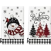 Artoid Mode Black Red Xmas Tree Snowman Christmas Kitchen Towels Dish Towels, 18x26 Inch Holiday Bird Believe Winter Decoration Hand Towels Set of 2