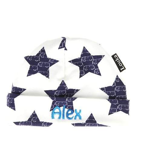 Louka Babymütze (mit Namen) Autobus & Sterne - Mutzchen, Hute mit bestickte BABY NAMEN für Neugeborene Baby - Unisex Jungen M