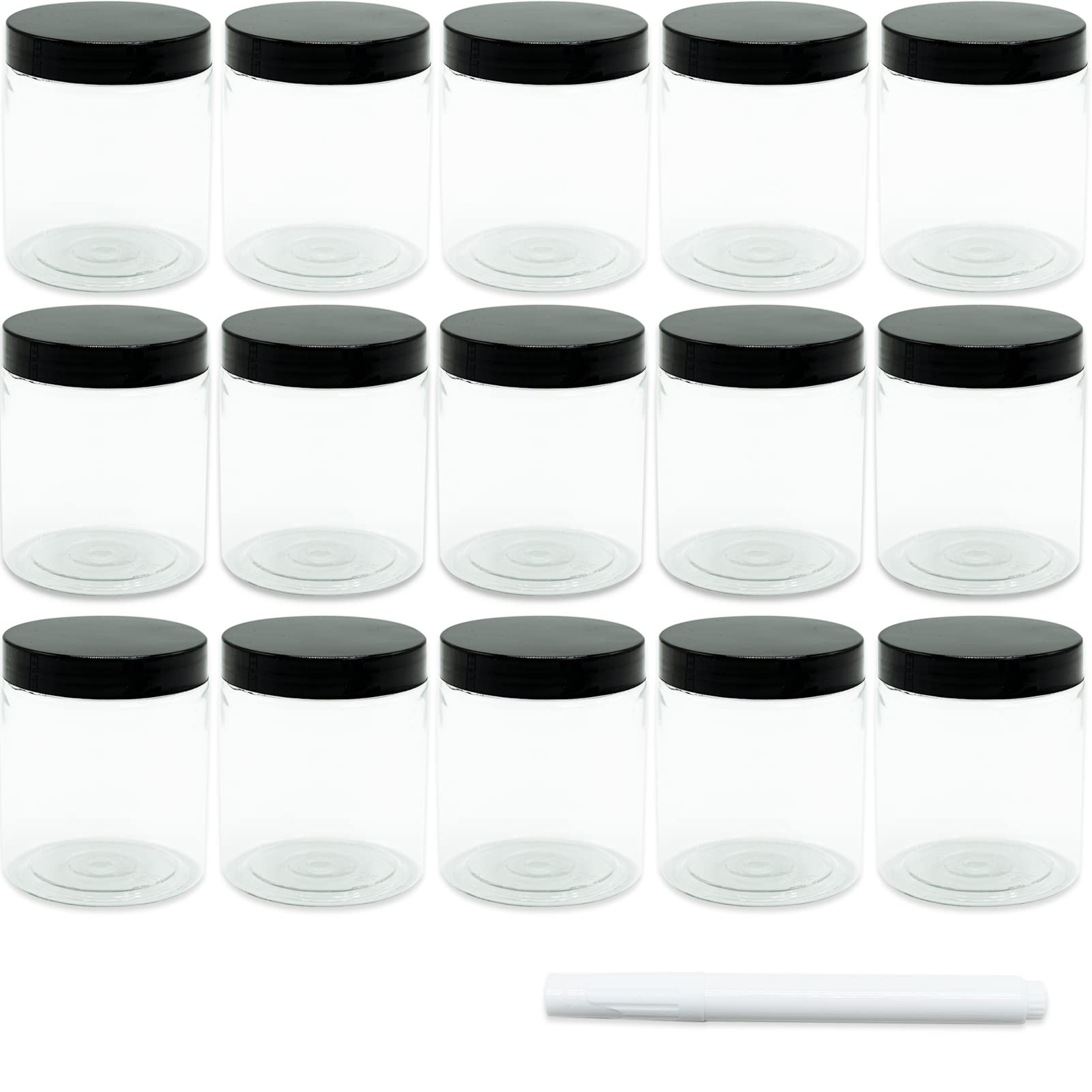 SZXMDKH 15 Pack 8 Oz 250ml Round Clear Reusable Plastic Jars with Black Lids,BPA Free Refillable Empty Storage Jars Wide-Mouth for Beauty Products,DIY Making
