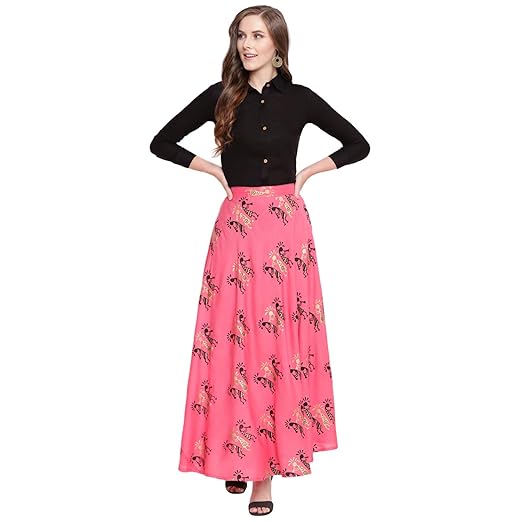 Women's Gold Print Rayon Short Shirt & Skirt Set (Balck)