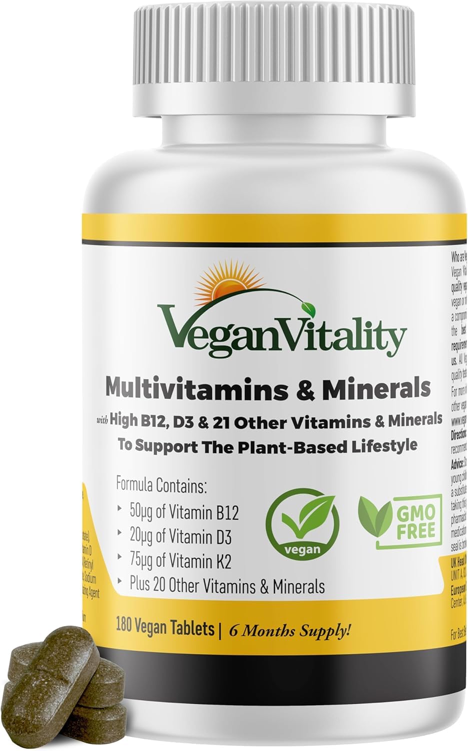 Vegan Vitality Multivitamins & Minerals with High Strength Vitamin B12, D3 & K2. 180 Multivitamin Tablets - 6 Months Supply. Multivitamin Tablets for Women and Mens Multivitamin. Suitable for Vegans