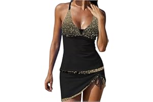 oiangi Sparkly Tankini Swimsuits for Women with Skirt Sexy Deep V Sequin Print Two Piece Bathing Suits Tummy Control Swimwear