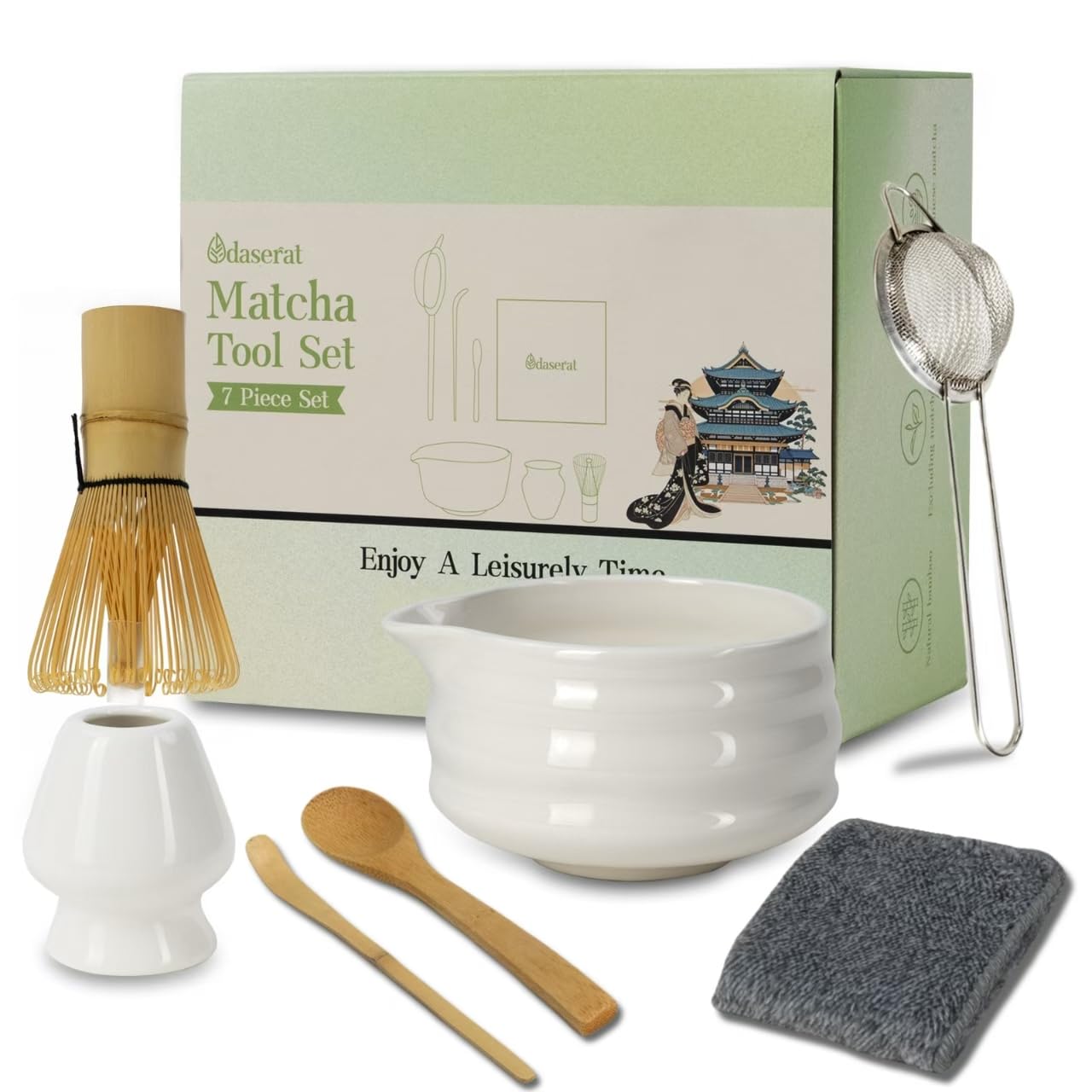 Photo 1 of Matcha Whisk Set, 7 Pcs Matcha Kit, Premium Ceramic Matcha Set, Whisk and Bowl, Sifter, Cup Holder, Bamboo Scoop, Tea Plucking, Tea Towel, Matcha Lovers (White)