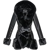 GRAN ORIENTE Women's Faux Leather Coat with Faux Fur Collar,Winter Warm Belted Mid Length Trim Jacket Fur Lined with Hood