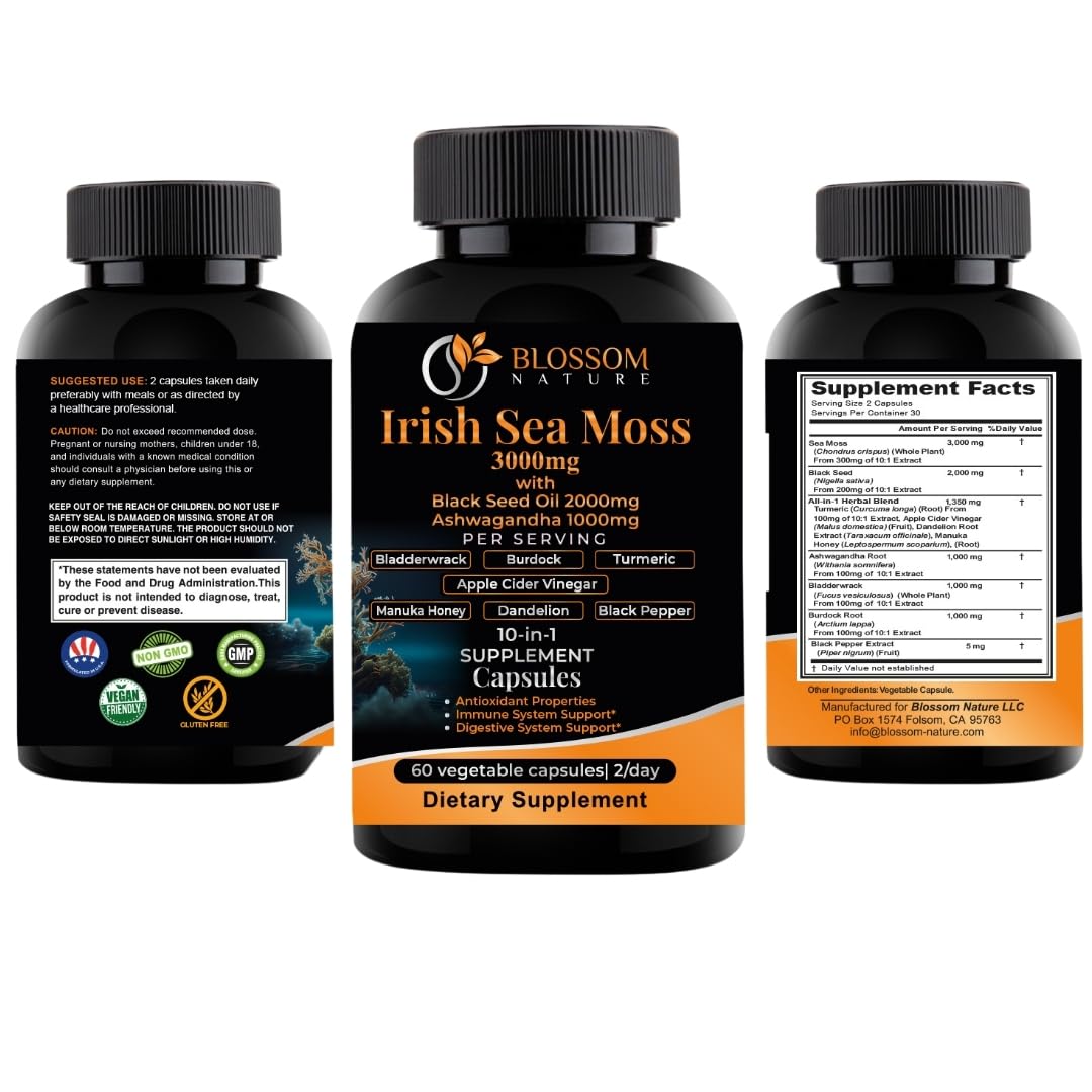 10-in-1 Irish Sea Moss Veggie Caps 3000mg Black Seed Oil Ashwagandha Bladderwrack Burdock Turmeric Apple Cider Vinegar Manuka Honey Dandelion Black Pepper - Made in US(Veggie Caps, Unflavored)