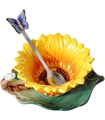 Taza De Cerámica Para Café Flor Margarita Con Cuchara Tapa