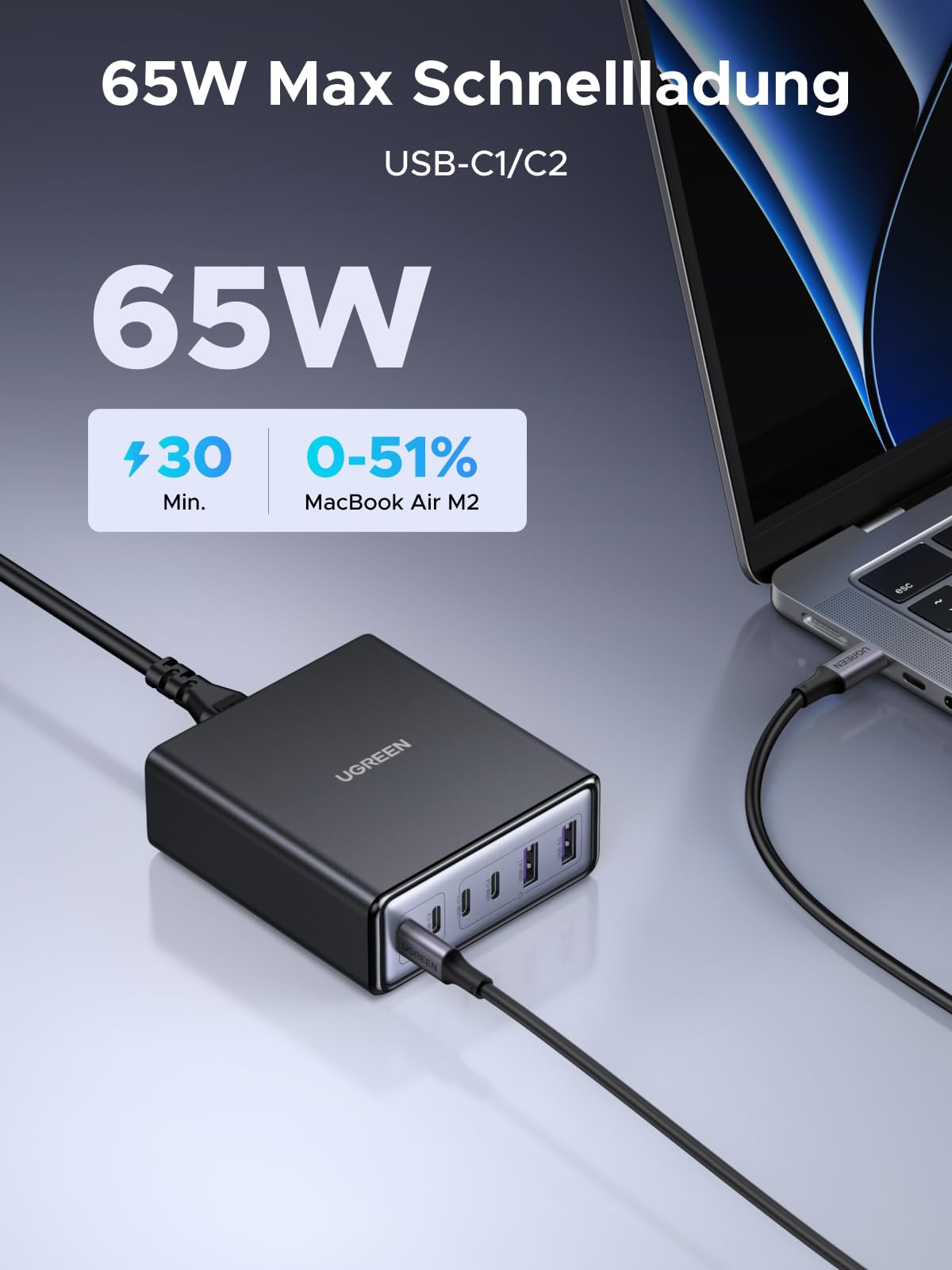 UGREEN 100W USB C Ladegerät 6-Port Ladestation 65W GaN Netzteil PPS Schnellladegerät Mehrfach kompatibel mit MacBook Pro/Air, iPhone 17-8 Serien, Galaxy S25, S24, A15, Pixel 9, iPads 3