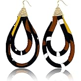 Cloth & Cord African Mud Cloth Print Dangle Earrings | Multi-color Brown Yellow Gold Black | 4in x 2.5in