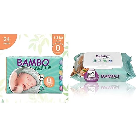 Bambo Nature Premium Baby Diapers - Size 0, 24 Count, for Premature Baby - Super Absorbent and Eco-Friendly & Bambo Nature | Baby Wipes | 1 x 80s