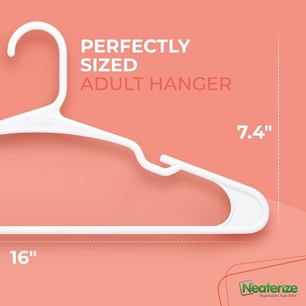 NEATERIZE CLOTHES HANGERS PLASTIC 50 PACK FOR ADULTS – PLASTIC HANGERS, THE PERFECT COAT HANGER AND SPACE SAVING CLOTHES HANGERS FOR CLOSET, PERCHEROS GANCHOS PARA COLGAR ROPA HANGARS – WHITE HANGERS