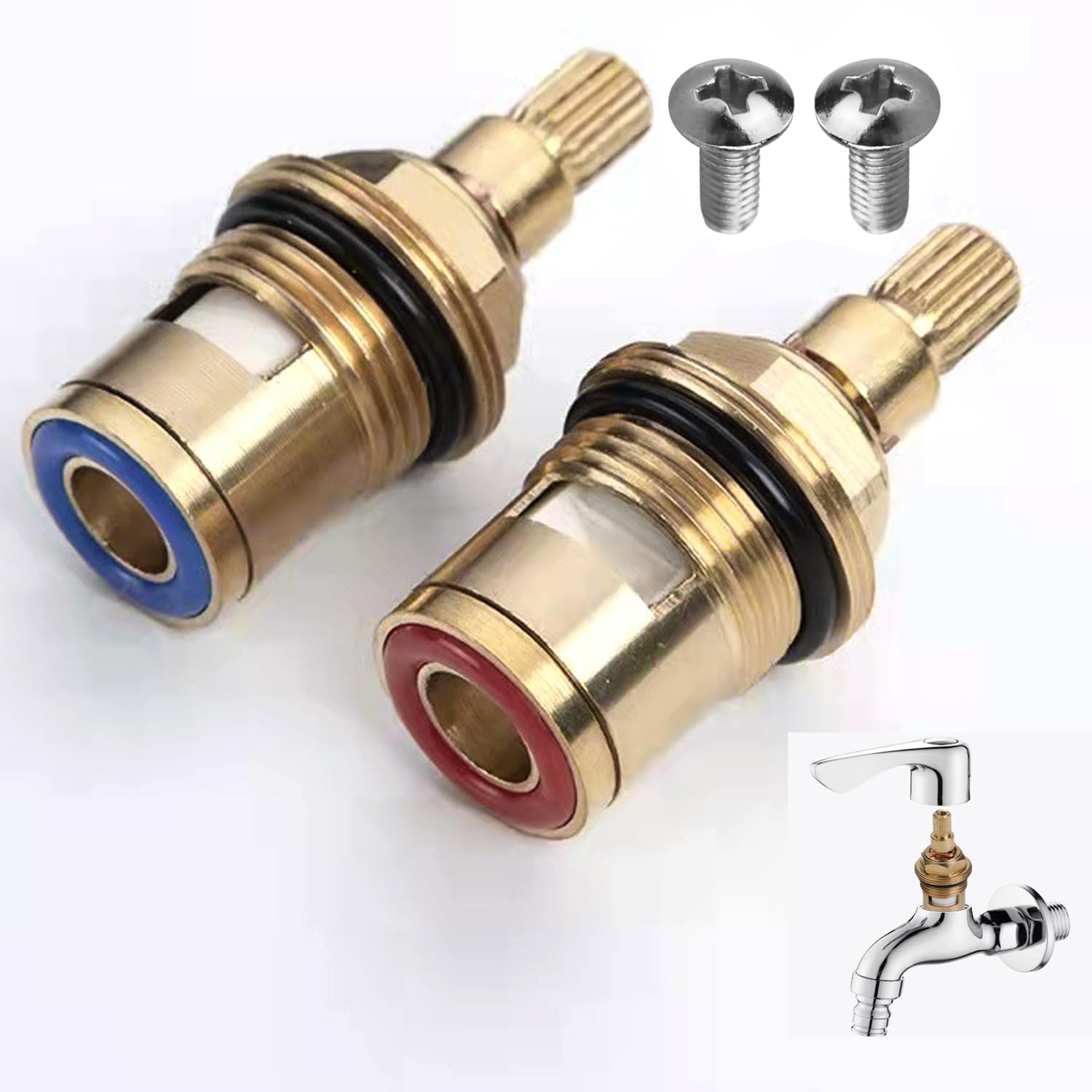 Verazquy 2Pcs Replacement Tap Valves Brass Tap, 20 Spline Quarter Turn Ceramic Disc Cartridge Tap Valve for Shower Bathroom Taps with Washers, Bath Tap Cartridge Glands Seals Repair Kit