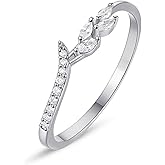 GLOQUAT 925 Sterling Silver Rings Plated Leaf Ring Classic Cubic Zirconia Stackable Wedding Band with Clear CZ Stones Dainty Diamond Rings Statement Eternity Rings for Women Ring Size 5
