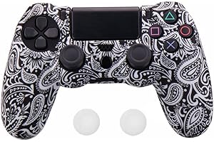 ZOMTOP Water Transfer Printing Camouflage Silicone Cover Skin Case for Sony PS4/slim/Pro Dualshock 4 Controller with Thumb Grips x 2 (White Leaves)