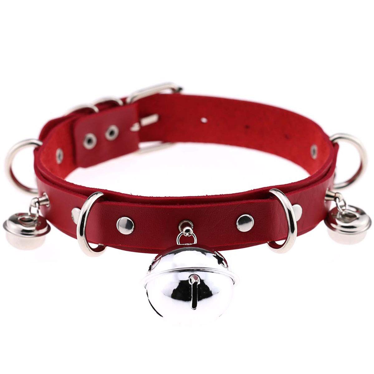 Women Multicolor Simulated Leather Cat Bell Collar Cosplay Bell Pendant Neckband Collar Choker Necklace Housemaid Accessory (Red), Zinc, Zircon