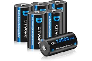 CITYORK Rechargeable D Batteries 6 Pack, 10000mAh High Capacity 1.2V Ni-MH Rechargeable D Size Battery, Low Self-Discharge D 