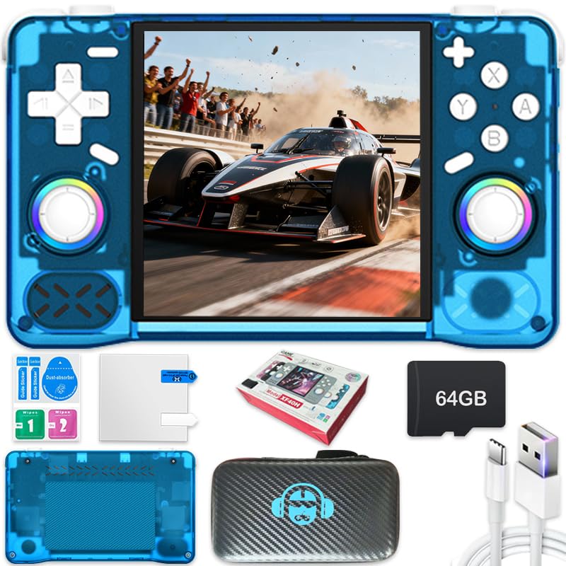 New XF40H Handheld Game Console,Built-in 64G with 18000 games,4000mAh,Linux System,4-inch IPS Screen WIth Storage bag (Blue,64G)