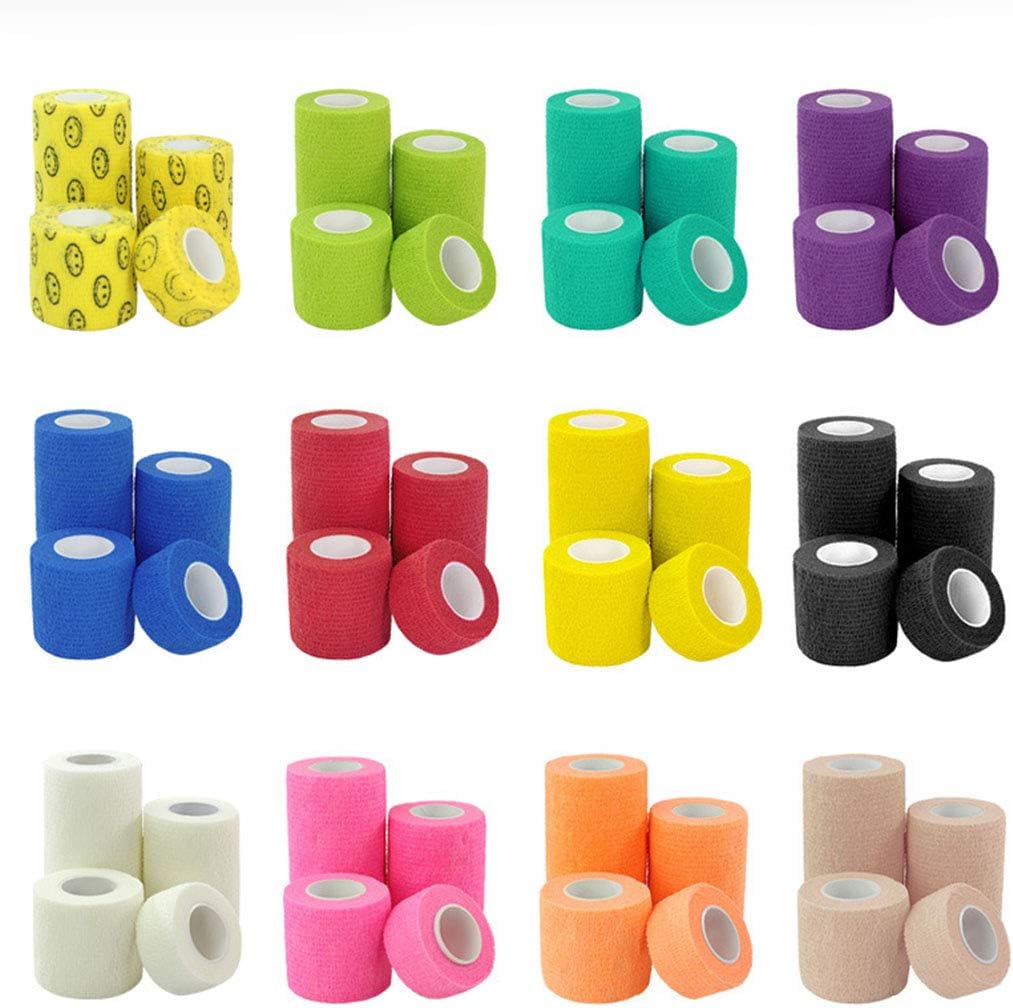 Zelro Vet Wrap Tape Bulk, 12 Color Pack 5-yards Dog Cat Pet Horse Self Adhesive Flex Bandage Rap Grip Roll for First Aid, Sports, Wrist, Ankle (2.5, 5, 7.5 or 10 CM)