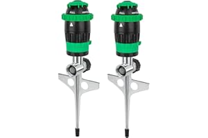 [2 Pack] RESTMO Gear Drive Sprinkler with Metal Spike Base, 5-Pattern Heavy Duty Gardening Watering System, Multi-Adjustable Lawn Sprinkle for Garden Plant, Flower Bed and Large Yard Area, Green