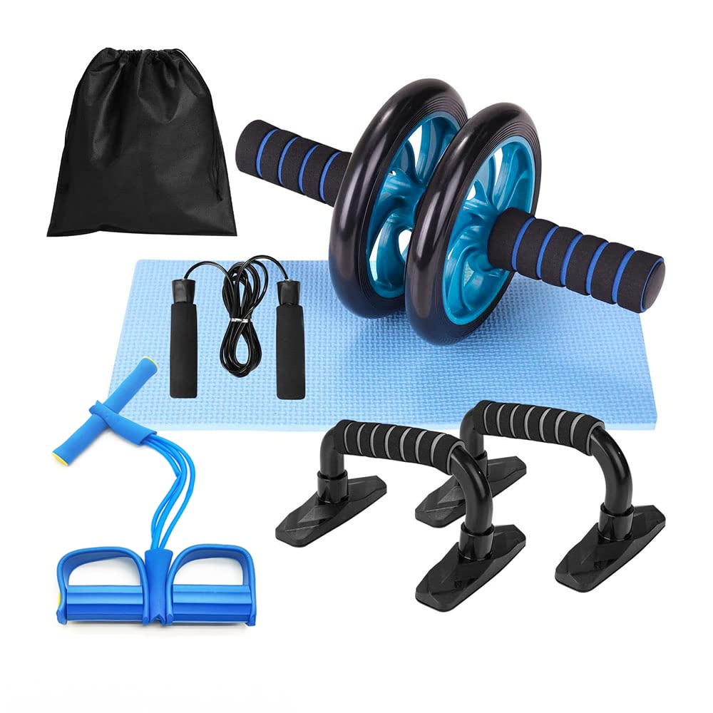 Training Kit with Ab Roller, Jump Rope, Push Up Bar, Resistance Elastic Rope with Pedals and Knee Mat - 5 in 1 Fitness Set - Home and Gym Exercise