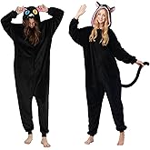 IROOZIGOTO Black Cat Onesie Pajamas for Women Plush Animal One Piece Cute Cat Costume Sleepwear Halloween Cosplay Costume