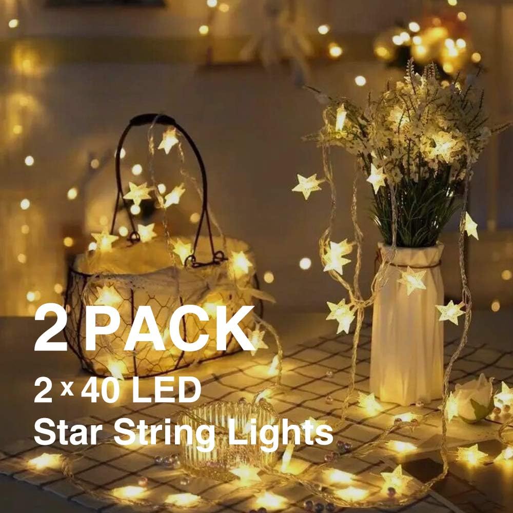 Mai Z i 2 Pack Star String Lights 40 LED Stars 19.5 feet in Length Party Decoration Lights Star Lights Battery Operated Indoor String，for Home, Party, Christmas，Festival, Wedding, Patio(Warm White)