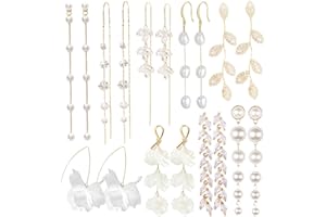 SUNNYOUTH 9 Pairs Long Tassel Dangle Earrings for Women Girls Sparkling CZ Threader Drop Earrings Chain Olive Leaf Wedding Bridal Earrings Set